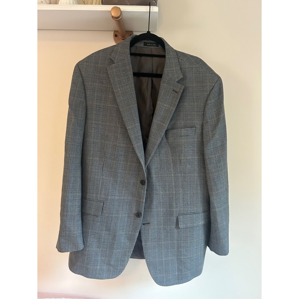 Ralph‎ Lauren Houndstooth Wool Silk Blazer Men's Size 46 Long Gray Jacket